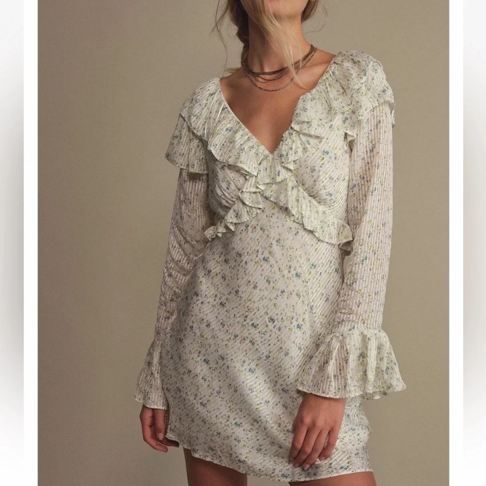 Free People Sweetest Thing Mini Dress sweet floral cream blue ruffle 8 new